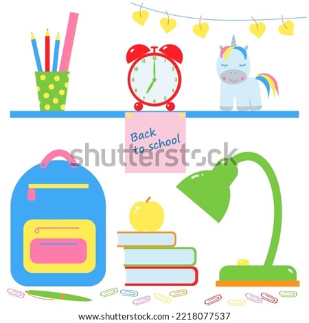 Back to school set. School backpack, books, table lamp, pens, pencils, ruler, paper clips, alarm clock, toy unicorn.