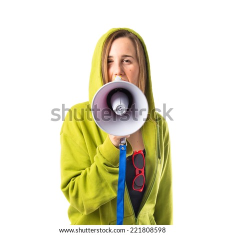 Young girl shouting over isolated white background