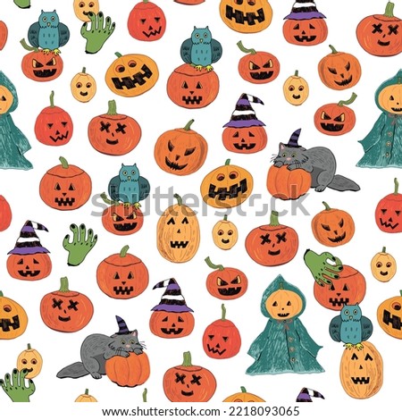 Halloween pumpkin, cat, skull doodles seamless pattern.