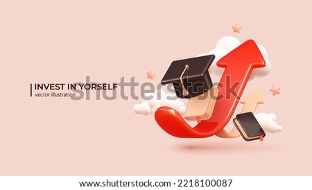 Invest In Yourself - 3D Concept to Success. Realistic 3d design of Business profit investment, finance education, earning income, business growth. Vector illustration in cartoon minimal style. Royalty-Free Stock Photo #2218100087