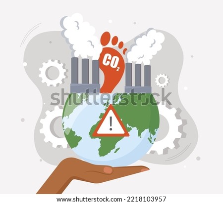 CO2 Emission concept. Womans hand holds planet with plants. Motivational poster or banner for website. Emission reduction, responsible society. Care for nature. Cartoon flat vector illustration