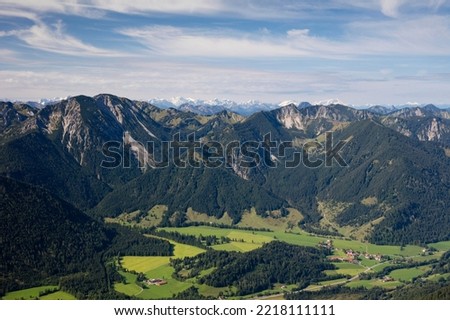 View from Wendelstein to Osterhofen, Bayrischzell, in the background Karwendel Mountains, Alps, Oberbayern, Bavaria, Germany Royalty-Free Stock Photo #2218111111