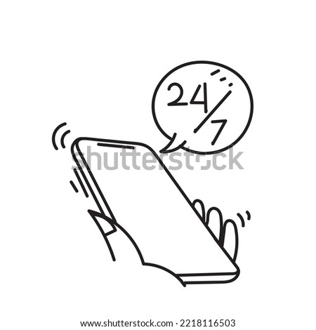 hand drawn doodle mobile with 24 hours and 7 days symbol for call center illustration