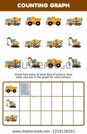 Education game for children count how many cute cartoon excavator concentrate mixer dump truck then color the box in the graph printable transportation worksheet
