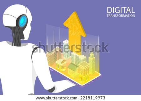 3D Isometric Flat Vector Conceptual Illustration of Digital Transformation, AI Technology, Automation and Cloud Computing