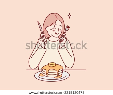 Smiling young girl having tasty pancake. Hand drawn style vector design illustrations. Royalty-Free Stock Photo #2218120675