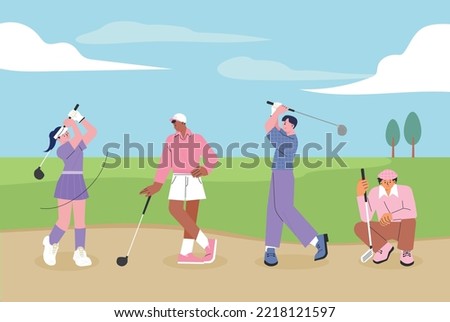 People wearing golf jerseys and holding clubs are posing for a swing. flat vector illustration.