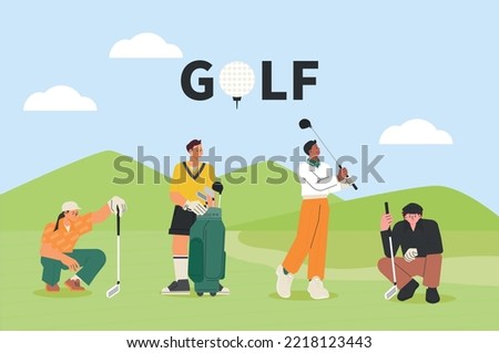 People in golf uniforms standing or sitting on the golf field. flat vector illustration.