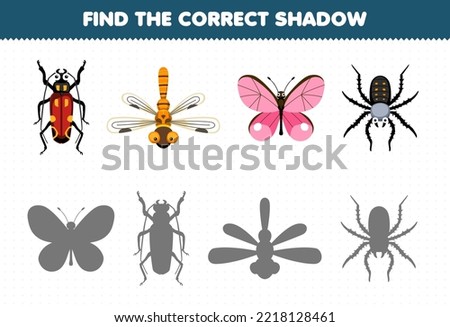 Education game for children find the correct shadow set of cute cartoon beetle dragonfly butterfly spider printable bug worksheet