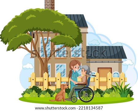 Senior patient on wheelchair with caregiver illustration