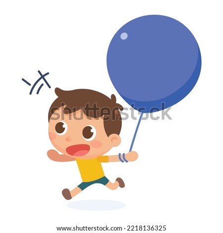 The kid is romping happily with a balloon—a flat vector illustration.