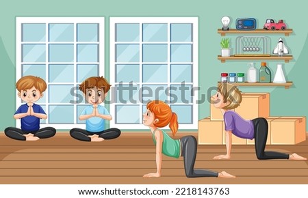 People doing yoga in yoga studio scene illustration