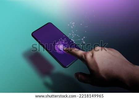 Cyber Security and Privacy on New Technology Concept. Web3 Securing Cloud Computing Online Systems. Using Fingerprint on Smart Phone to Confirm Account or Access the Phone Royalty-Free Stock Photo #2218149965