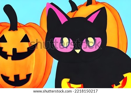 Cute adorable black cat with big pink eyes and ears sitting beside pumpkins on Halloween.