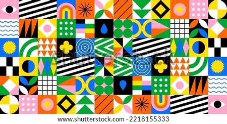 Colorful geometric mosaic seamless pattern illustration with creative abstract shapes. Modern scandinavian style background print. Trendy bright symbols and minimalist shape texture, geometry collage. Royalty-Free Stock Photo #2218155333