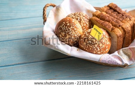 Allergy label on wheat oat bread. Allergic gluten intolerance concept.