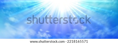 Heaven with sun light rays or beams bursting from clouds in blue sky. Spiritual religious background. Realistic tranquil cloudscape view, beautiful skyey paradise backdrop, 3d vector illustration