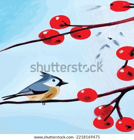 Vector realistic detailed vector illustration of winter birds on branches. Winter design elements for Christmas, New Year, holidays. sitting on a branch. Winter background.