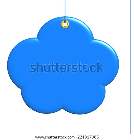 Cumulus label, shape fixed by a rivet and hung on by a blue thread, isolated on white background
