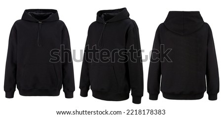 Black hoodie template. Hoodie sweatshirt long sleeve with clipping path, hoody for design mockup for print, isolated on white background. Royalty-Free Stock Photo #2218178383
