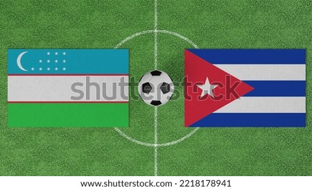 Football Match, Uzbekistan vs Cuba, Flags of countries with a soccer ball on the football field