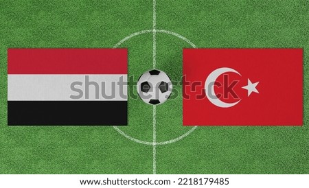 Football Match, Yemen vs Turkey, Flags of countries with a soccer ball on the football field
