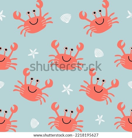 Vector seamless childish pattern with red crabs, white shells and starfish on a blue background. Suitable for baby prints, nursery decor, wallpaper, wrapping paper, stationery, scrapbooking, etc. Royalty-Free Stock Photo #2218195627