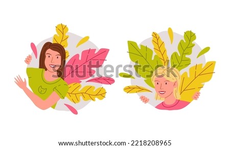 Curious young women peeking of bushes set. Girls peeping or spying from vegetation cartoon vector illustration