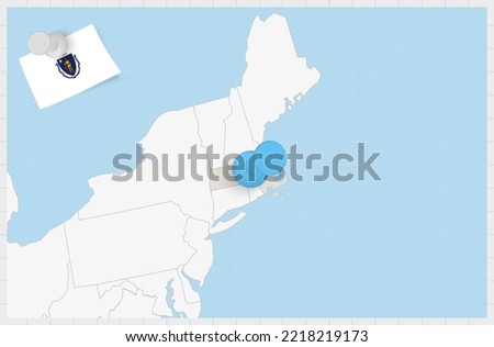 Map of Massachusetts with a pinned blue pin. Pinned flag of Massachusetts, vector illustration.