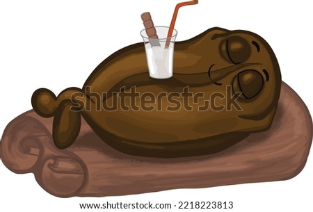 Funny coffee bean lying on cinnamon. Hand drawn vector coffee bean take a rest on cinnamon stick. Design for coffee lovers, T-Shirt, stickers, coffee paper cups, packaging design