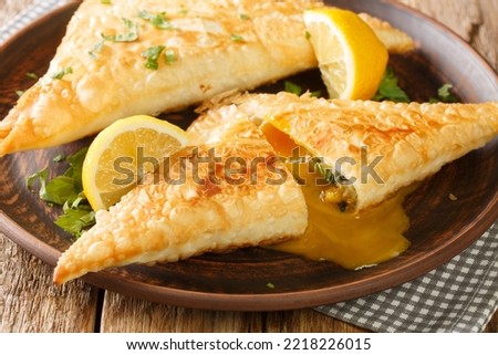 Brik or burek is the north African version of borek, a stuffed filo pastry which is commonly deep fried close up in the plate on the wooden table. Horizontal
 Royalty-Free Stock Photo #2218226015