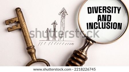 Diversity and Inclusion. Magnifying glass and key on white background.