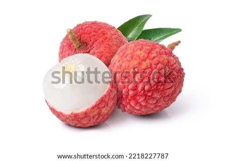 Fresh lychee with cut in half slice isolated on white background. Royalty-Free Stock Photo #2218227787
