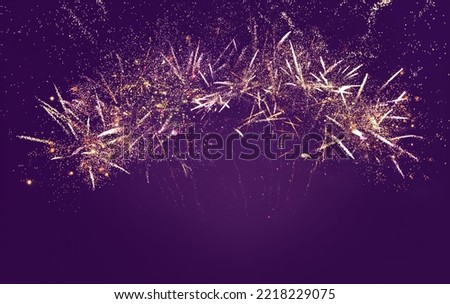 Holiday fireworks background. Beautiful fireworks explode on purple background. Template with free space for design Greeting card, web banner or flyer