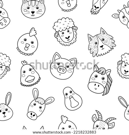 Cute farm animals black and white seamless pattern. Coloring page print in cartoon style with funny characters. Pig, cow, sheep and others. Vector illustration