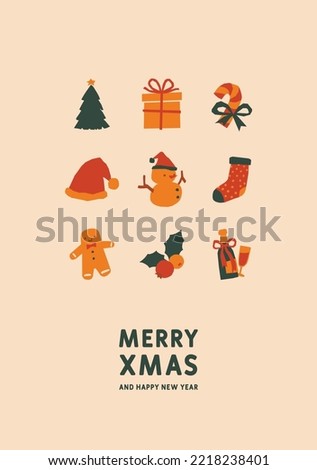 Merry Christmas and Happy New Year card in minimal style. Cute papercut artwork with Noel design elements. Vector illustration. 
