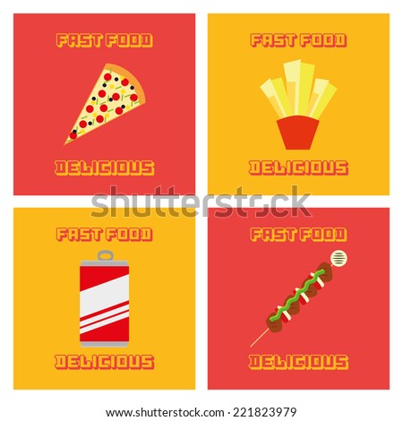 a set of different fast foods on colored backgrounds