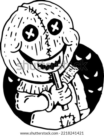 Halloween character holding candy in hand drawing black and white