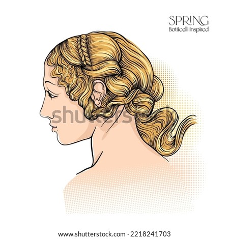Portrait of a woman inspired by a painting by Renaissance artist Botticelli. Outline hand drawing vector illustration.