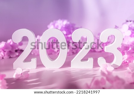 White wooden number 2023 on purple background with flowers. Top view, flat lay. Happy New Year 2023.