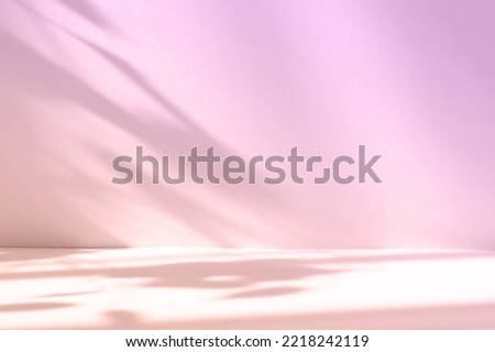 Abstract pink studio background for product presentation. Empty room with shadows of window and flowers and palm leaves . 3d room with copy space. Summer concert. Blurred backdrop.