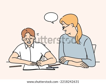 Smiling mother doing homework with happy child at desk at home. Babysitter or teacher study together with teen boy kid. Education and learning. Vector illustration.  Royalty-Free Stock Photo #2218242631