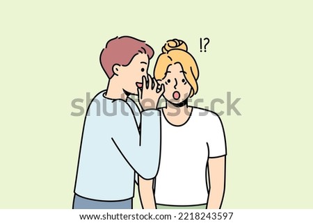 Young man whisper secret to stunned woman ear. Male tell secret hidden information to astonished female. Secrecy and gossip. Vector illustration.  Royalty-Free Stock Photo #2218243597