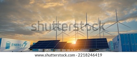 solar cell plant and wind generators in urban area connected to smart grid.Energy supply,eolic turbine,distribution of energy,Powerplant,energy transmission,high voltage supply concept. Royalty-Free Stock Photo #2218246419