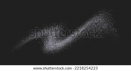 Silver glitter splash, shiny star dust explosion, shimmer spray effect, festive Christmas holiday particles isolated on a dark background. Vector illustration.