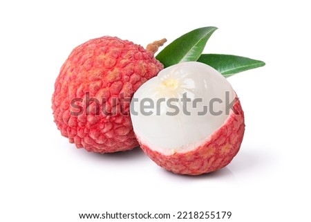 Lychee fruit with green leaves isolated on white background. Royalty-Free Stock Photo #2218255179