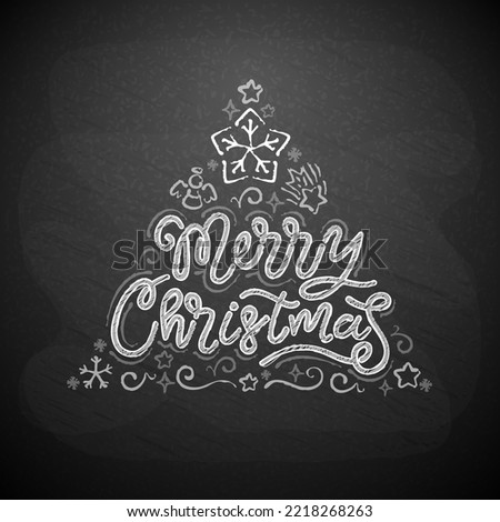 Hand Drawn Chalkboard Merry Christmas Tree Lettering on Blackboard Background. Vector clip art.