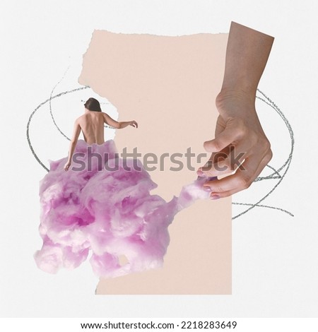 Contemporary art collage. Creative design with young girl in cotton candy dress. Beautiful fairy tale with dessert. Concept of food, style, artwork, taste, creativity. Copy space for ad