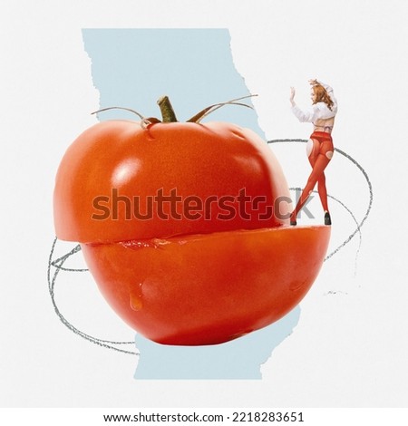 Contemporary art collage. Creative design with young woman walking on tomato symbolizing healthy eating. Vegetables. Concept of food, style, artwork, taste, creativity. Copy space for ad