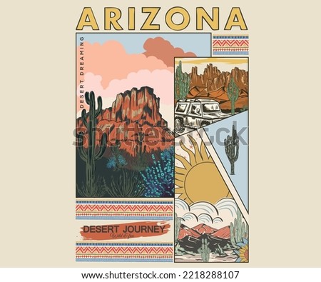 Arizona desert trip vector t-shirt design. Desert mountain, sun, cactus artwork for t-shirt and others.